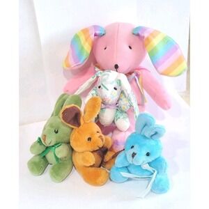 Mini Bunny Rabbit Plush Lot Of 4 Mini Bunnies  & 1 Rainbow 8" Stuffed Rabbit Toy